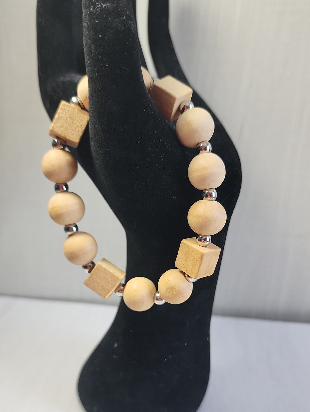Natural Wooden Bead Stretch Bracelet - Beige